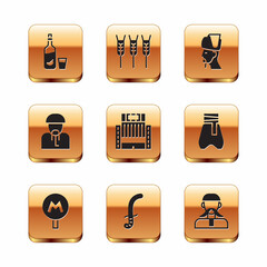 Sticker - Set Vodka with pepper and glass, Metro or Underground, Medieval sword, Hotel Ukraina building, Ukrainian cossack, and Wheat icon. Vector