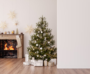 home interior with christmas tree and presents 3d rendering, 3d illustration
