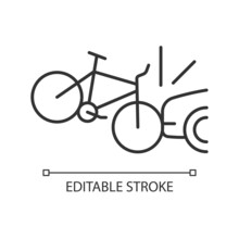 Car Collision With Cyclist Linear Icon. Accident With Bicyclist And Driver. Car-on-bike Collision. Thin Line Customizable Illustration. Contour Symbol. Vector Isolated Outline Drawing. Editable Stroke