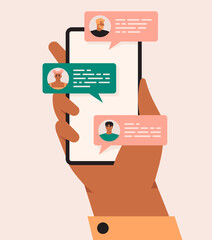 Messaging, chatting, texting on mobile phone. Hand holding a smartphone with a messenger on the screen. Online communication, conversation, dialog. Team, friends talking. Flat vector illustration