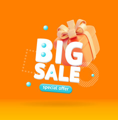 Wall Mural - Big Sale Poster Banner Card with Realistic Detailed 3d Present Box and Abstract Memphis Style Elements. Vector