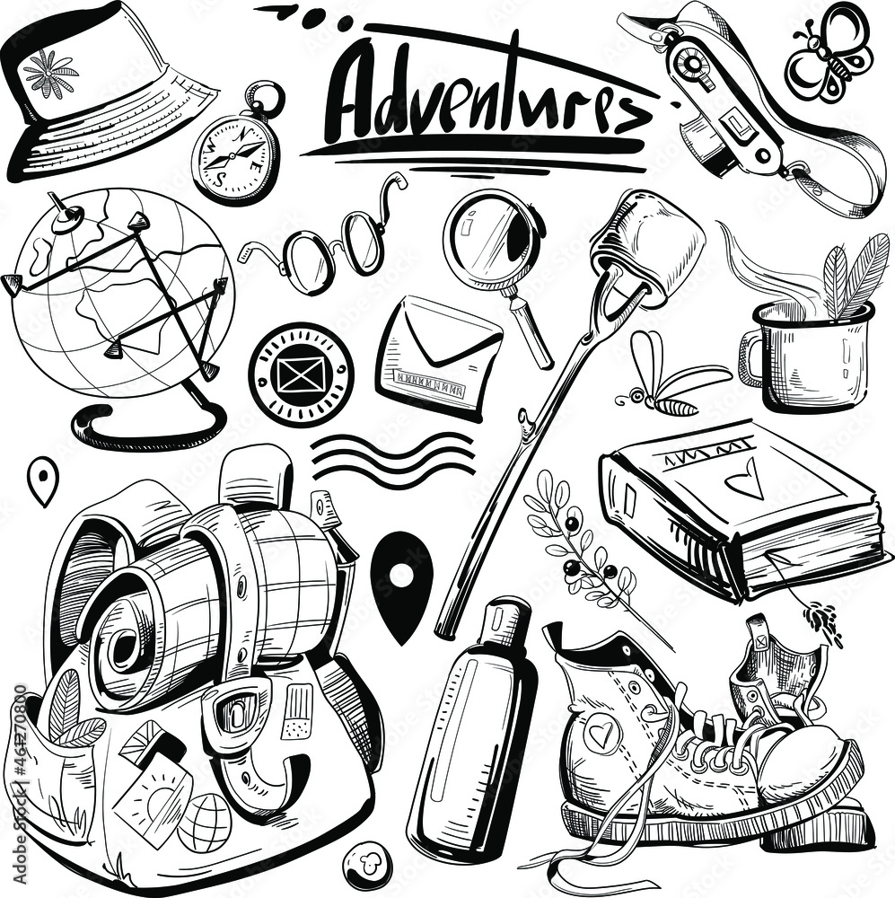 Vector set of hand drawn travel elements in a graphic style. Traveler ...