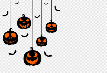 Wall Mural - Halloween party  background with scary pumpkin face,bats,hanging from top isolated  on png or transparent texture,template for poster, brochure, promotion,sale marketing vector illustration