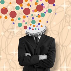 Poster - Business man headed by drum standing against color background.