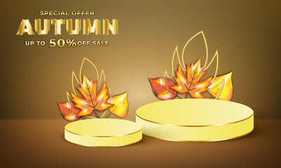 Autumn product with 2 podium on the background of leaft gold