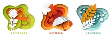 September, October And November Autumn Season Months For Calendar, Card, Vector Illustration In Paper Art Style.