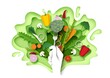 Fresh vegetables and hand holding fork with artichoke, vector paper cut illustration. Healthy food, vegan diet.