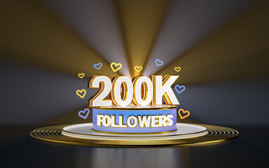200k followers celebration, thank you social media banner with spotlight gold background 3d render