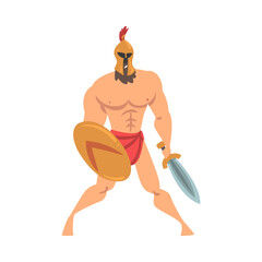 Poster - Spartan Man in Helmet Armed with Sword and Shield Attacking Vector Illustration