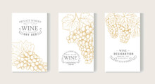 A Set Of Vintage Wine Labels With A Brush Of Grapes In An Engraved Style.