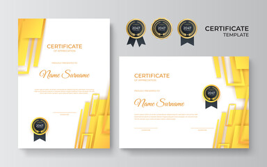 Yellow white and gold certificate of achievement template with gold badge and border. Premium luxury minimal certificate template design.