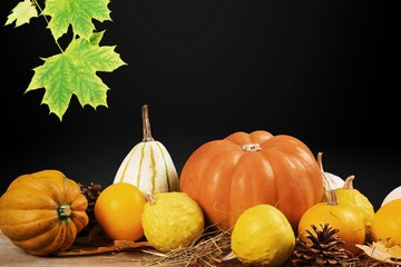 Sticker - Autumn background decoration from leaves and pumpkin on dark background.