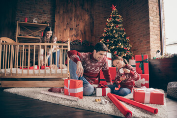 Poster - Photo of family bonding people sit floor prepare noel presents wear sweater in decorated x-mas home indoors