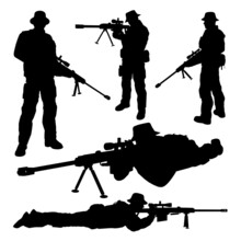 Isolated Vector Silhouettes Of A Sniper In Different Positions.
