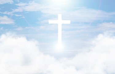 Canvas Print - Christian cross appears bright in the sky background and clouds.