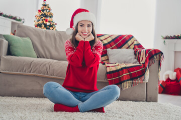 Sticker - Photo of adorable lovely santa lady sit floor enjoy atmosphere wear hat pullover in decorated x-mas home indoors