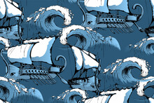 Ancient Greek Ships. Seamless Pattern. Blue Color. Suitable For Fabric, Mural, Wallpapers, Wrapping Paper And The Like