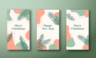 Wall Mural - Christmas and New Year Trendy Editable Templates Set. Abstract Shapes and Hand Drawn Pine Spruce Branches for Social Networks Stories. Social Media Holidays Greetings Cards or Banners Collection