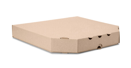 Brown cardboard pizza box isolated on white background.