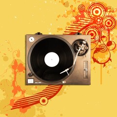 Sticker - Gramophone record player. Turntable for single vinyl on color background.