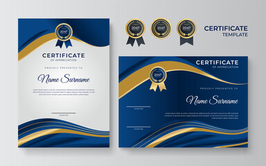 Blue and gold certificate template. Modern blue certificate award or diploma template set of two, portrait and landscape design in A4 size. Suit for business, education, award and more