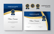 Blue and gold certificate template. Modern blue certificate award or diploma template set of portrait and landscape design. Suit for business, education, award and more