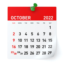October 2022 - Calendar. Isolated On White Background. 3D Illustration