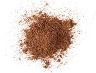 Wall Mural - Pile ground, milled nutmeg powder isolated on white background, top view 