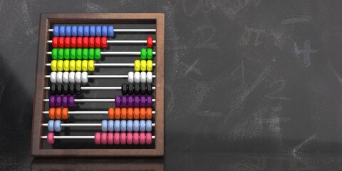 Wall Mural - Count learning. Traditional abacus, school black chalkboard background, copy space. 3d illustration