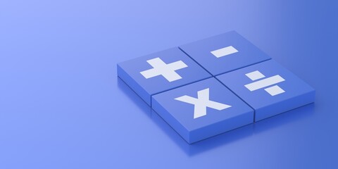 Wall Mural - Math symbols. Basic mathematical signs white. Buttons on blue background. 3d illustration