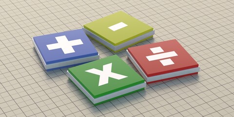 Math symbols. Basic mathematical signs on colorful buttons, grid background. 3d illustration