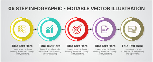 5 Steps Infographics Design Template - Graph, Pie chart, workflow layout, circular diagram, brochure, report, presentation, web design. Editable Vector illustration