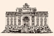 The Trevi Fountain in Rome and the adjacent building with columns and sculptures. Quick sketch.