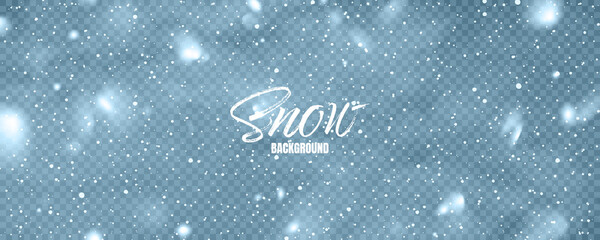 Aufkleber - Realistic falling snow with snowflakes. Blue winter background for Christmas or New Year card. Frost storm effect. Vector illustration.