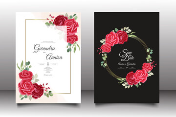 Sticker -  Elegant wedding invitation card with beautiful red floral and leaves template Premium Vector