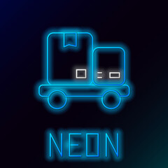 Sticker - Glowing neon line Hand truck and boxes icon isolated on black background. Dolly symbol. Colorful outline concept. Vector