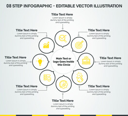 Wall Mural - 8 Steps Infographics Design Template - Graph, banner, Pie chart, workflow layout, cycling diagram, brochure, report, presentation, web design. Editable Vector illustration