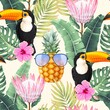 Vector seamless pattern with toucan and flowers