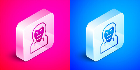 Poster - Isometric Thief mask icon isolated on pink and blue background. Bandit mask, criminal man. Silver square button. Vector