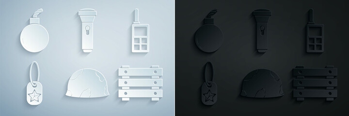 Sticker - Set Military helmet, Walkie talkie, dog tag, ammunition box, Flashlight and Bomb ready to explode icon. Vector