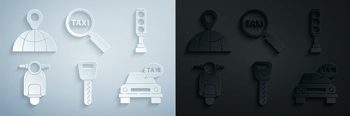 Sticker - Set Car key, Traffic light, Scooter, Taxi car, Magnifying glass and taxi and Location on the globe icon. Vector