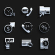 © Oksana - Set Telephone 24 hours support, Discount card with percent, Tablet dollar, tag, Buy button, Financial growth and coin, Cursor click document folder and Clock icon. Vector