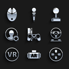 Set Game console with joystick, augmented reality, Gamepad, Racing simulator cockpit, Virtual glasses, Premium create account screen, Joystick for arcade machine and Computer mouse gaming icon. Vector