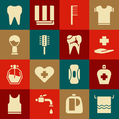 Wall Mural - Set Towel on a hanger, Bottle of liquid antibacterial soap, Cross hospital medical, Hairbrush, Shaving, Tooth and Broken tooth icon. Vector