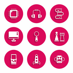 Sticker - Set Magnifying glass, Rocket ship, School backpack, Chess, Tetris, Computer monitor screen, Book and Processor with CPU icon. Vector