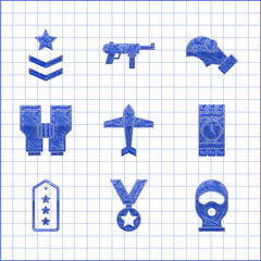 Poster - Set Jet fighter, Military reward medal, Balaclava, Dynamite and timer clock, rank, Binoculars, Gas mask and icon. Vector