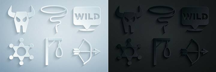 Wall Mural - Set Gallows, Pointer to wild west, Hexagram sheriff, Bow and arrow quiver, Lasso and Buffalo skull icon. Vector