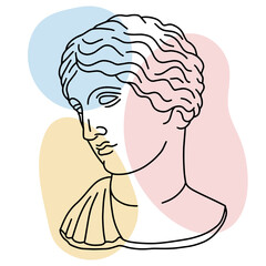 Hand drawn vector of ancient Greek girl head. Illustration of classic greek sculpture in line art style with color spots background.