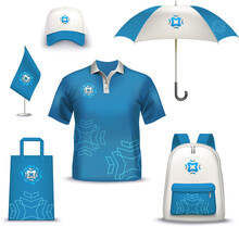 Promotional And Advertising Layouts Of An Umbrella, T-shirt, Bag, Flag, Cap