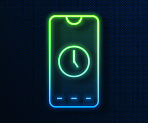 Sticker - Glowing neon line Alarm clock app smartphone interface icon isolated on blue background. Vector